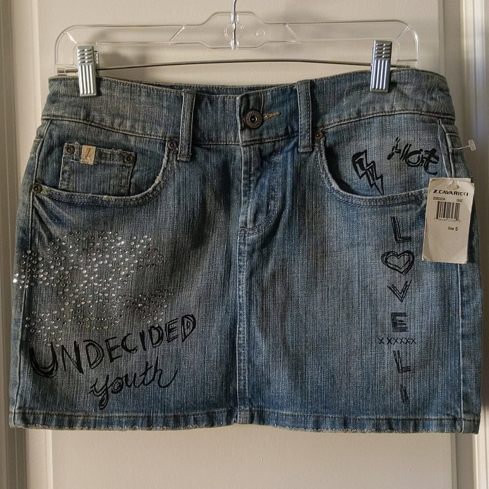 NWT Z Cavaricci Denim Rhinestone Mini Skirt Size 5